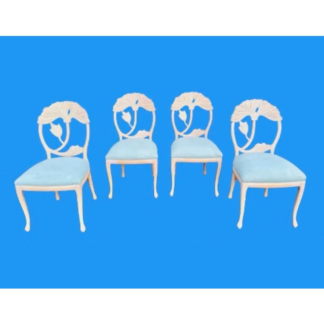 Palm Beach Chic, gorgeous Italian carved dining chairs beautiful flower back with sky blue newly upholstered seats,the...