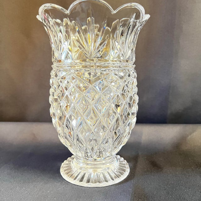 Late 20th Century Vintage Heavy Crystal Pineapple Pattern Footed Vase With Scalloped Rim For Sale - Image 5 of 10