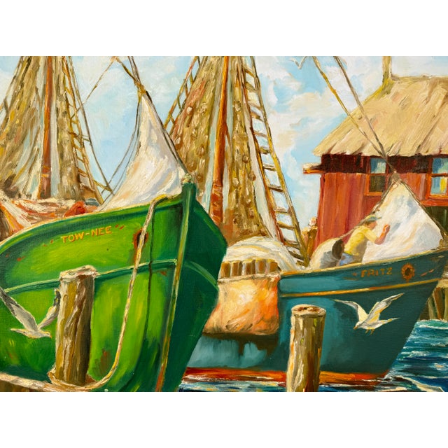 American "The Lobster Boats at Gloucester" Impressionistic Maritime Oil Painting by F. Pileri For Sale - Image 3 of 7