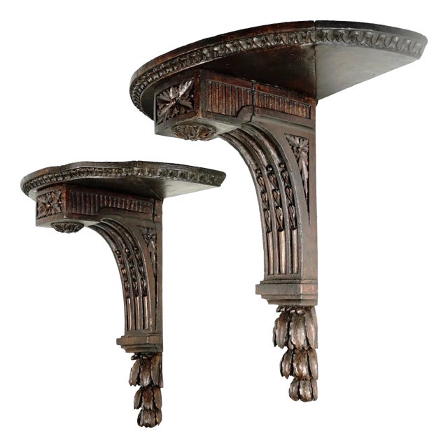 Pair of Antique French Carved Wood Corbel Wall Shelves Neoclassical Acanthus For Sale