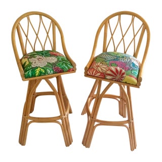 Bamboo Swivel Bar Stools - A Pair For Sale