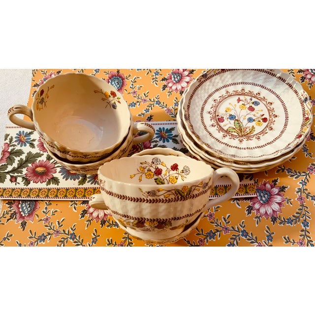 1930s Spode Cowslip Basketweave Brown and Cream Ceramic Teacups and Saucers, Set of 4 For Sale - Image 18 of 18