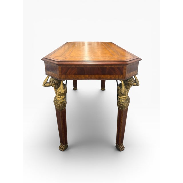 2000 - 2009 Vintage Maitland-Smith Neoclassical Tooled Leather & Brass Figural Writing Desk For Sale - Image 5 of 15