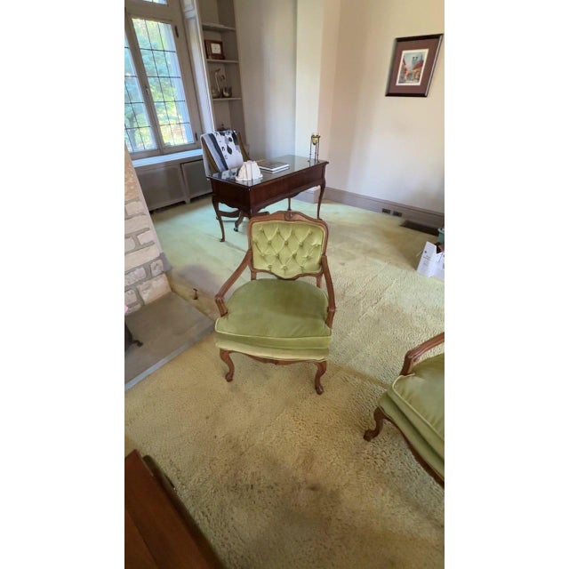 French Mid 20th Century Pair French Louis XV Tufted Green Velvet Armchairs For Sale - Image 3 of 5