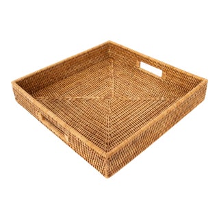 Artifacts Rattan Square Serving Tray with Cutout Handles in Honey Brown - 16" For Sale