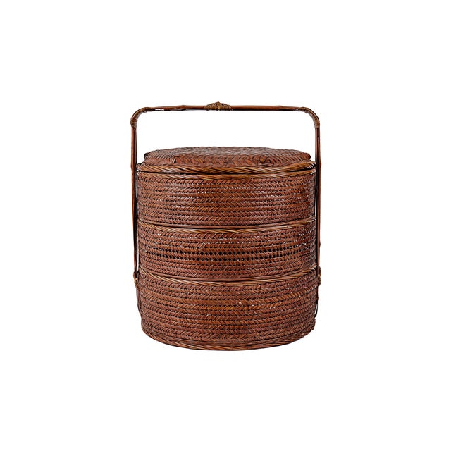 Vintage Antique 3 (Three) Tier Chinese Wedding Basket made of woven bamboo and rattan in Dark Brown. Historically used for...