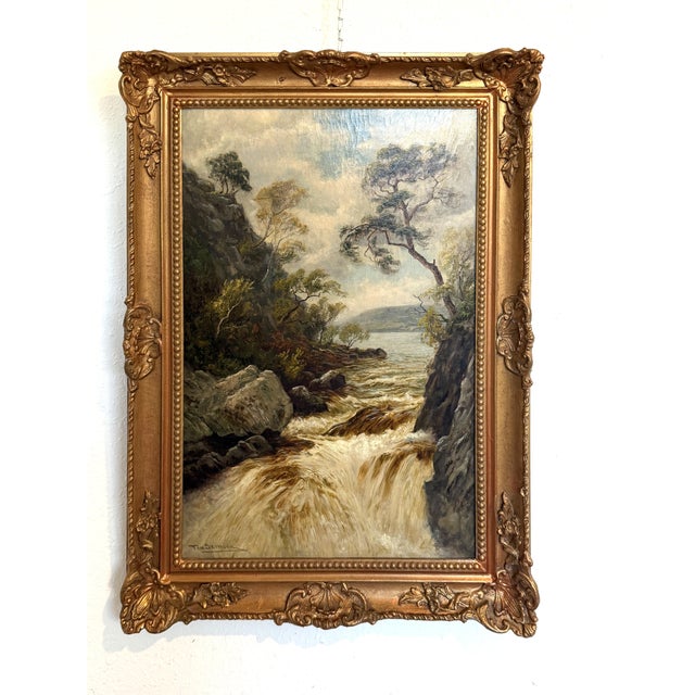 A striking Victorian-era landscape by British Artist Tom Seymour, capturing a dramatic waterfall rushing through rocky...