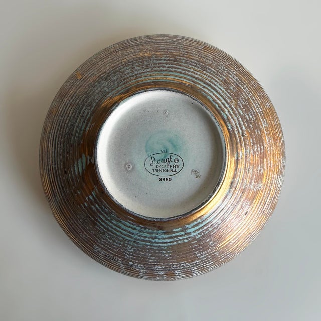 Vintage 1960s mid-century modern Stangle art pottery decorative bowl 22k Gold and robin egg blue.