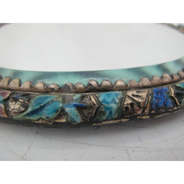Antique Chinse Silver Turquoise Enamel Animal Woodland Design Jade Handle Mirror For Sale - Image 11 of 13