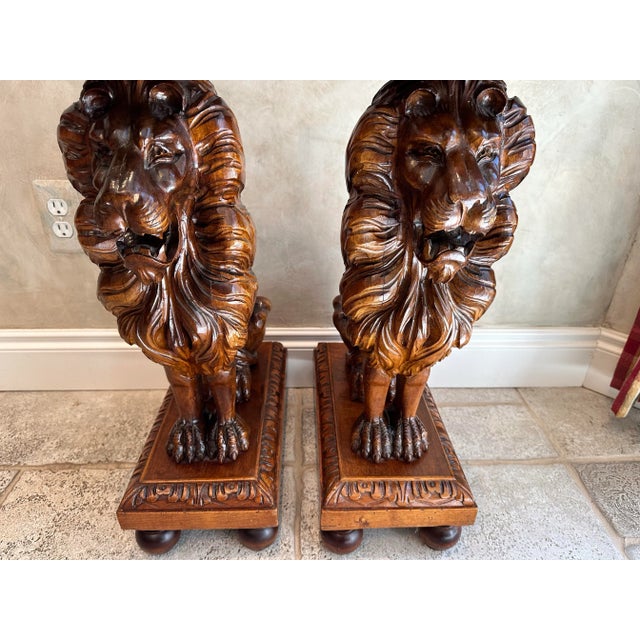 Vintage Pair of Solid Wood Hand-Carved Exotic Lion Plant Stands For Sale In Detroit - Image 6 of 12