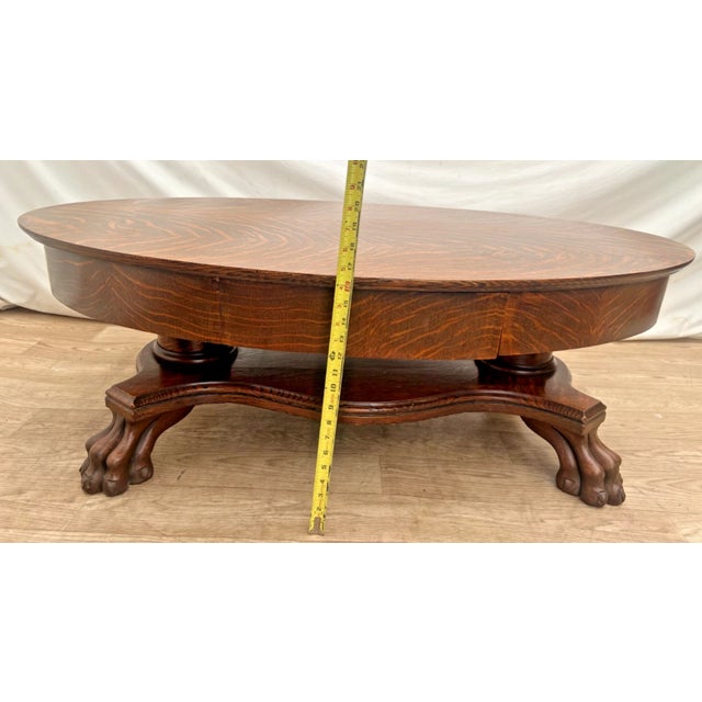Coffee Antique Tiger Oak Oval Coffee Table, Carved Paw Feet, Drawer, Shelf, By: Piqua For Sale - Image 8 of 12