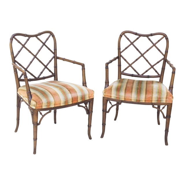 Faux Bamboo Hollywood Regency Armchairs, Pair For Sale