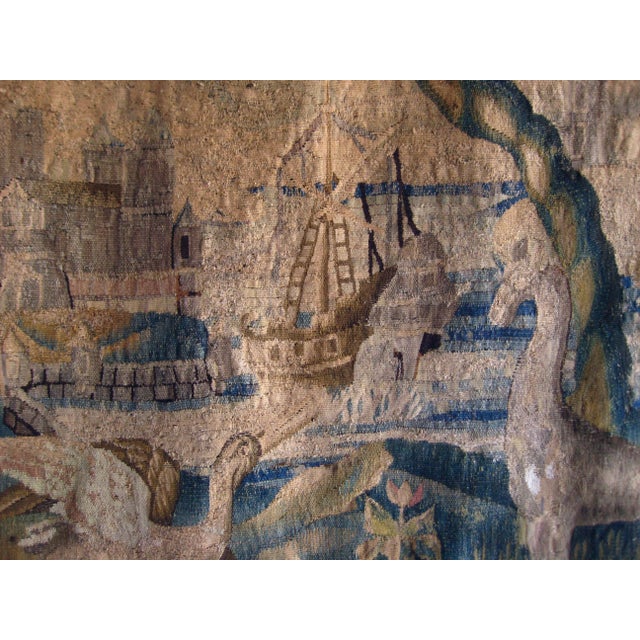 French Flemish Verdure Tapestry Two Herons Eating a Frog , Fantasized Giraffe and Boat , Circa 1700 For Sale - Image 3 of 18
