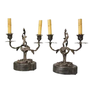 Mid 19th Century Louis XV Style Silver-Plated 2-Light Candelabra Table Lamps - A Pair