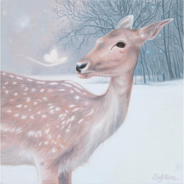This artwork depicts a serene scene featuring a gentle deer in a winter landscape, surrounded by soft, muted tones that...