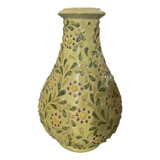 Italian Hand-Painted Relief Floral Ceramic Vase For Sale