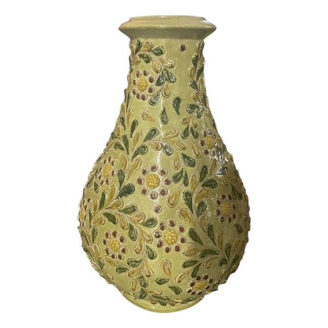Italian Hand-Painted Relief Floral Ceramic Vase For Sale