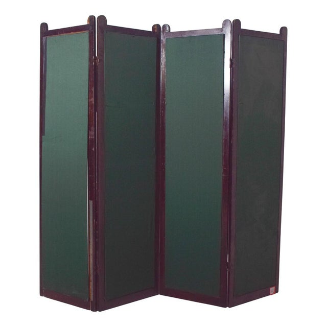 Brown Wooden Folding Screen with Green Fabric Panels, 1950 For Sale - Image 8 of 8