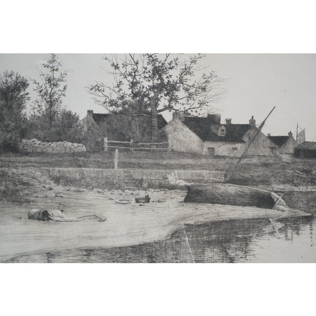 Antique 19th Century Coastal Fishing Village Tugboat Sailboat Etching 29" For Sale - Image 9 of 11