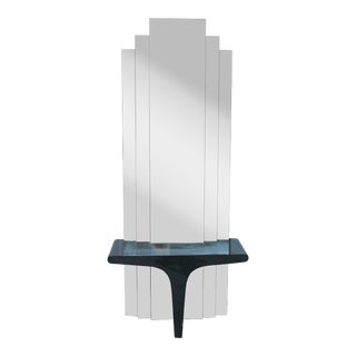 1970's Art Deco Style Floor to Ceiling Tiered Mirror/ Black Lacquer Console Table For Sale