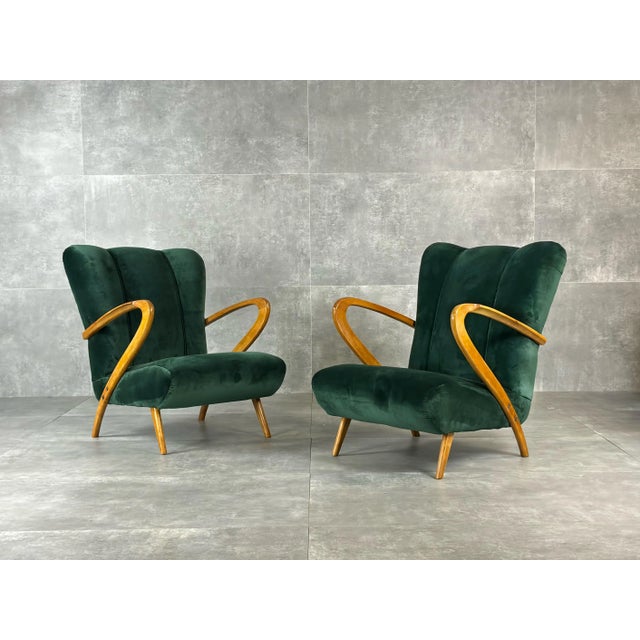 Wood Set of Wooden and Velvet Armchairs, 1940s For Sale - Image 7 of 7