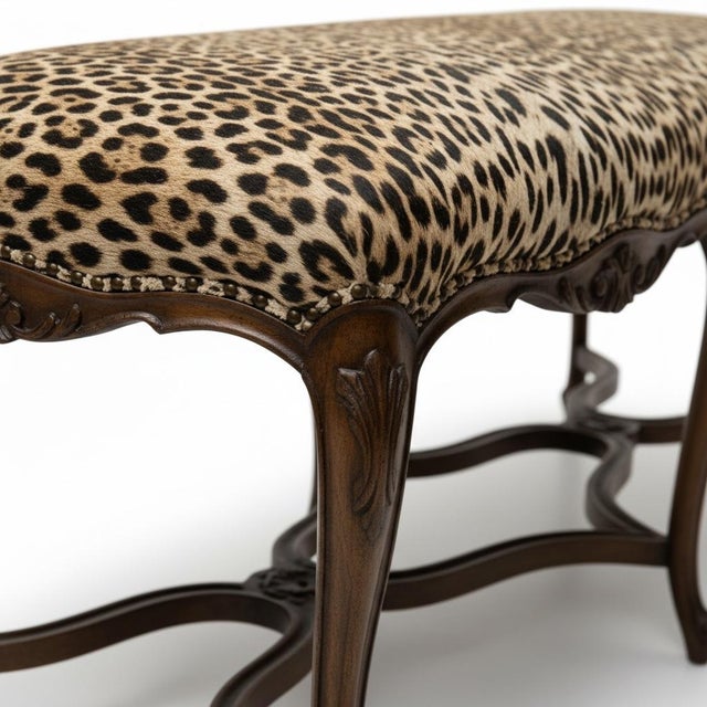 Mid-Century Italian French Louis XV Style Carved Fruitwood Bench Leopard Velvet For Sale In Atlanta - Image 6 of 7