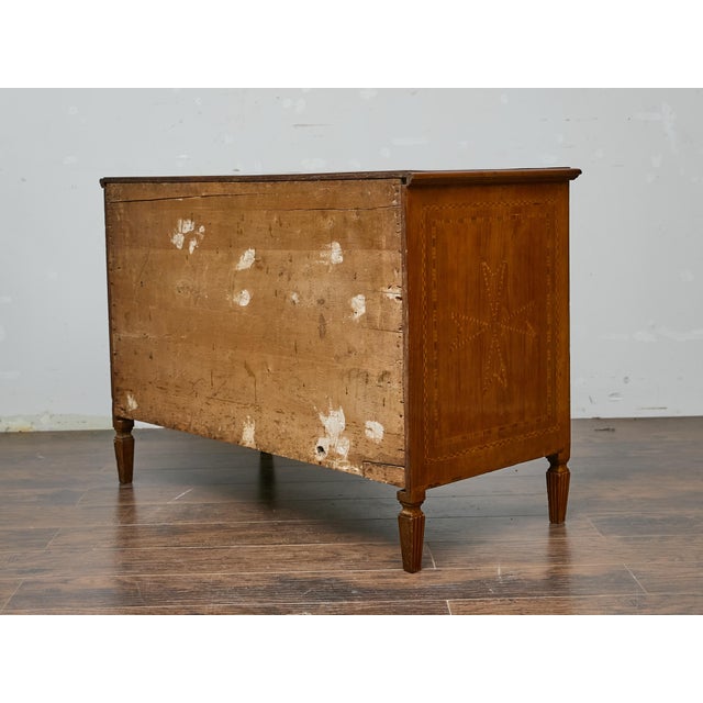 Wood French 19th Century Louis XVI Walnut Commode with Marquetry and Brass Pulls For Sale - Image 7 of 10