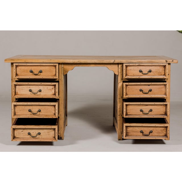 Teak Kneehole Desk with Eight Drawers and Custom Bleached Finish For Sale - Image 12 of 12