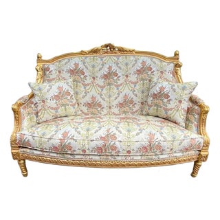 Late 20c Handcrafted Louis XVI Gold Beech Silk Cotton Settee For Sale