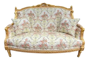 Late 20c Handcrafted Louis XVI Gold Beech Silk Cotton Settee