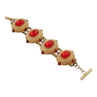 Chantal Thomass Paris Jeweled Link Bracelet Pearl and Red Cabochons For Sale