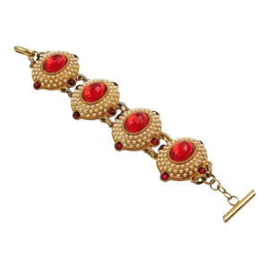 Chantal Thomass Paris Jeweled Link Bracelet Pearl and Red Cabochons