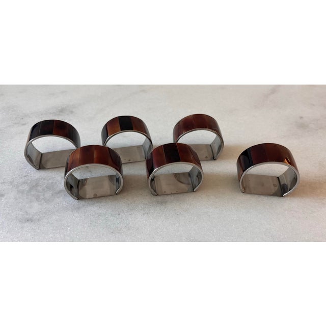 Mid-Century Modern Vintage Brown Mother of Pearl and Chrome Silver Napkin Rings - Set of 6 For Sale - Image 3 of 8