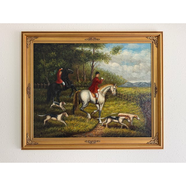 Large Vintage Oil Painting English Fox Hunt Horses Hounds Hunting Scene Art For Sale - Image 10 of 15