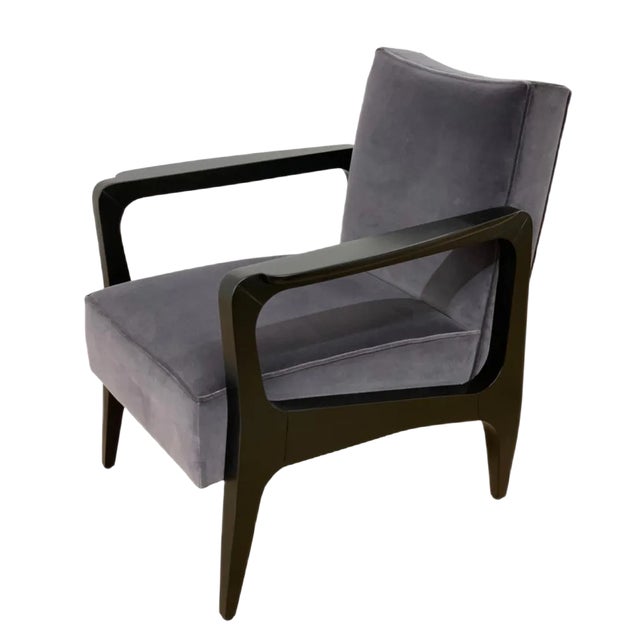 Art Deco Style Black Ebony Finish and Grey Cotton Velvet Atena Armchair by Casa Botelho For Sale