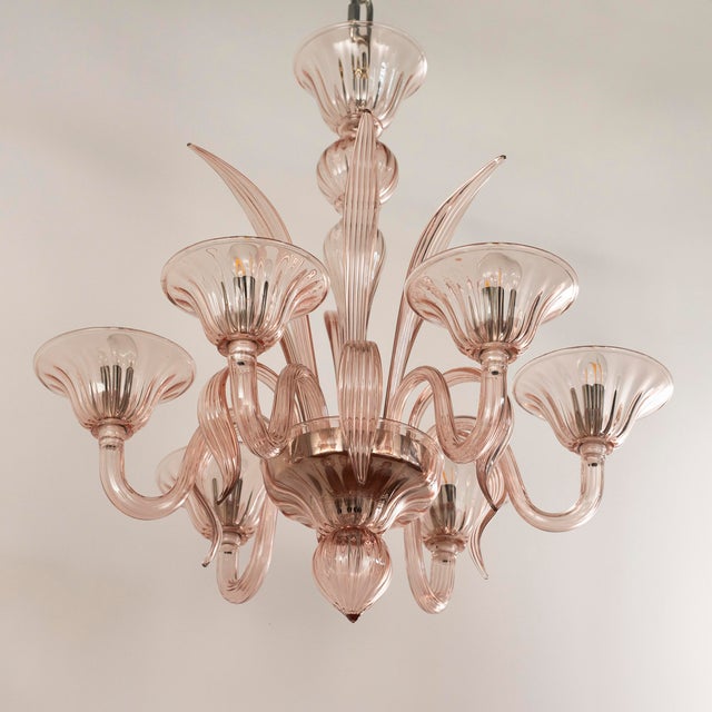 Directly from the factory! handmade murano glass chandelier cipria pink color with artistic decorations height 70cm, 6...