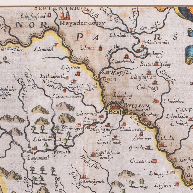 Glass Antique Map, Brecknoc, Breconshire, English, Framed, Dual Sided, Jacobean, 1607 For Sale - Image 7 of 12