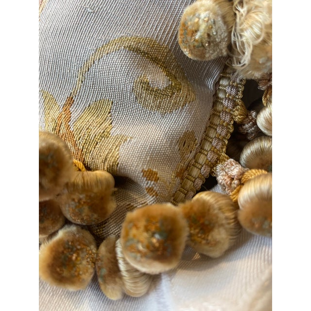 Pair Aubusson Fringed Floral Pillows (15”x18”) With Down Inserts: Seafoam, Celadon, Coral & Gold For Sale - Image 11 of 12