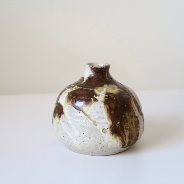 Wabi Sabi Studio Pottery Sculptural Rounded Bud Vase With Strokes of Mottled Brown & Ivory Drip Glaze For Sale - Image 10 of 16