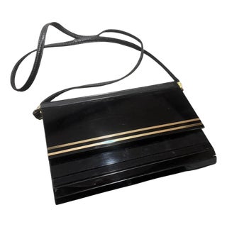 1970s Black Rodoide, Brass and Leather Italian Evening Bag For Sale