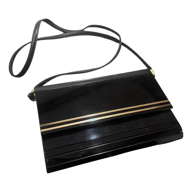 1970s Black Rodoide, Brass and Leather Italian Evening Bag For Sale