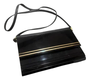 1970s Black Rodoide, Brass and Leather Italian Evening Bag