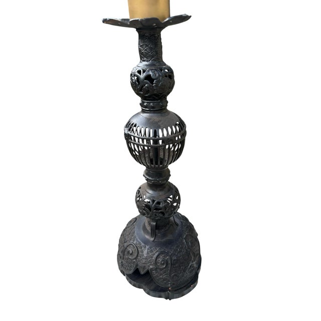 Vintage Victorian Japanese Hand Carved (Japonisme) Aesthetic Movement Lamp Tall * Cast metal construction, likely cast...