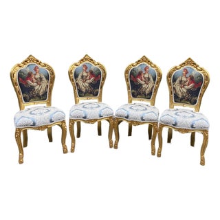 1980 French Louis XVI Gold Beech Damask Dining Chairs - 4 Pc For Sale