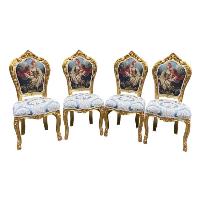 1980 French Louis XVI Gold Beech Damask Dining Chairs - 4 Pc For Sale