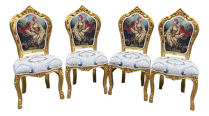 1980 French Louis XVI Gold Beech Damask Dining Chairs - 4 Pc