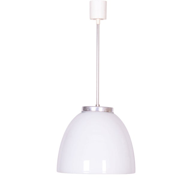 Mid-Century Chandelier in Chrome, Steel, and Opaline Glass, Czech, 1950s For Sale