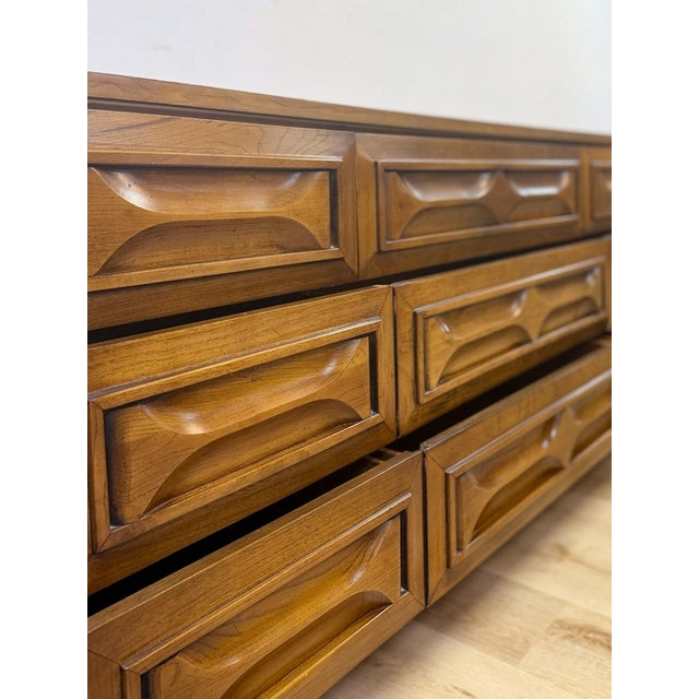 Brown Vintage MCM Nine Drawer Dresser With Bowtie Inlay Retro Walnut Bedroom Storage For Sale - Image 8 of 9