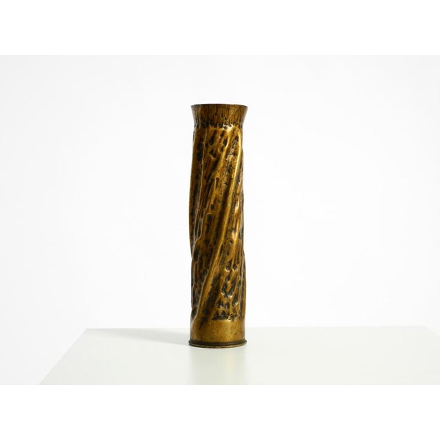 Unique, large, handcrafted brass vase featuring a Brutalist design. Stamped on the underside with the date Dec 1975. No...