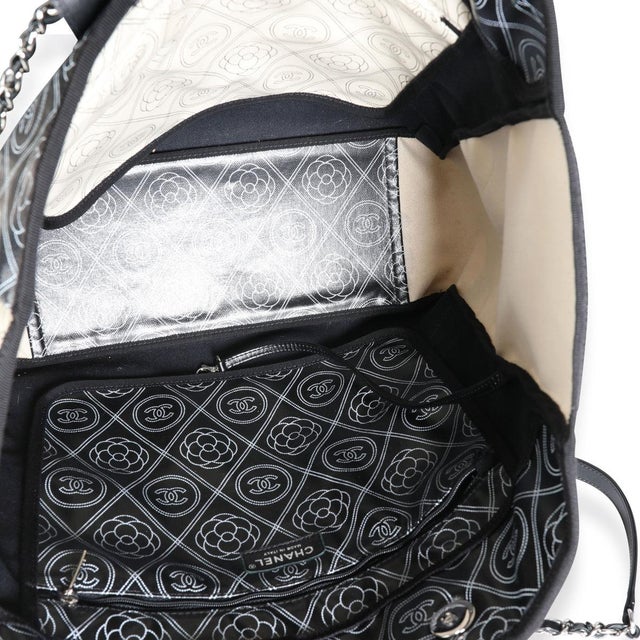 2010s Black and Beige Coated Canvas and Leather Camellia & CC Print Shopper Tot For Sale - Image 5 of 5